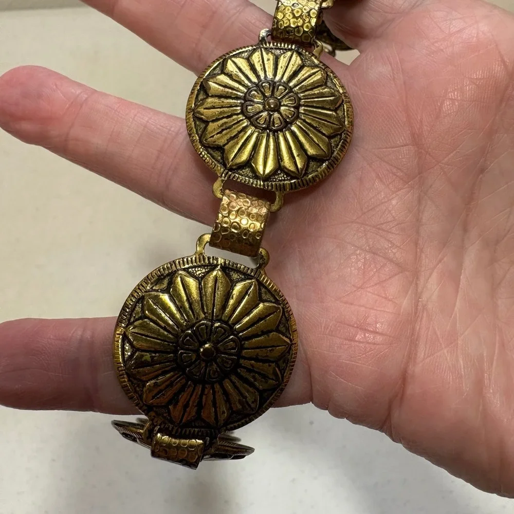 Vintage Antiqued Brass Floral Concho Chain Belt Boho Western Medallion Gold Tone